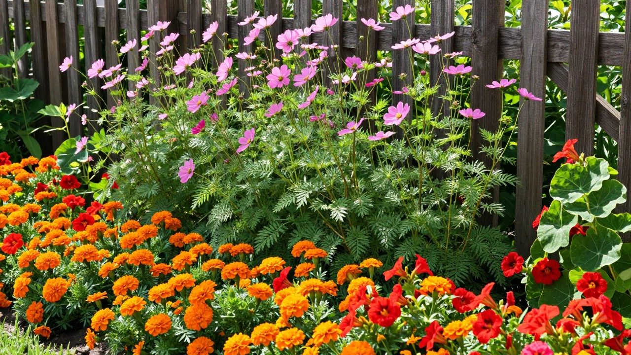 Яркий сад с цветущими настурциями, бархатцами и высокой розовой космеей