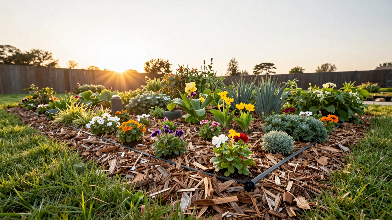 Цветочная клумба с мульчированием и системой капельного полива