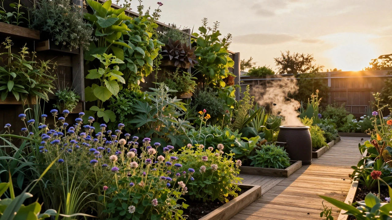 Экологический сад с вертикальными грядками, компостом и сидератами в лучах заката