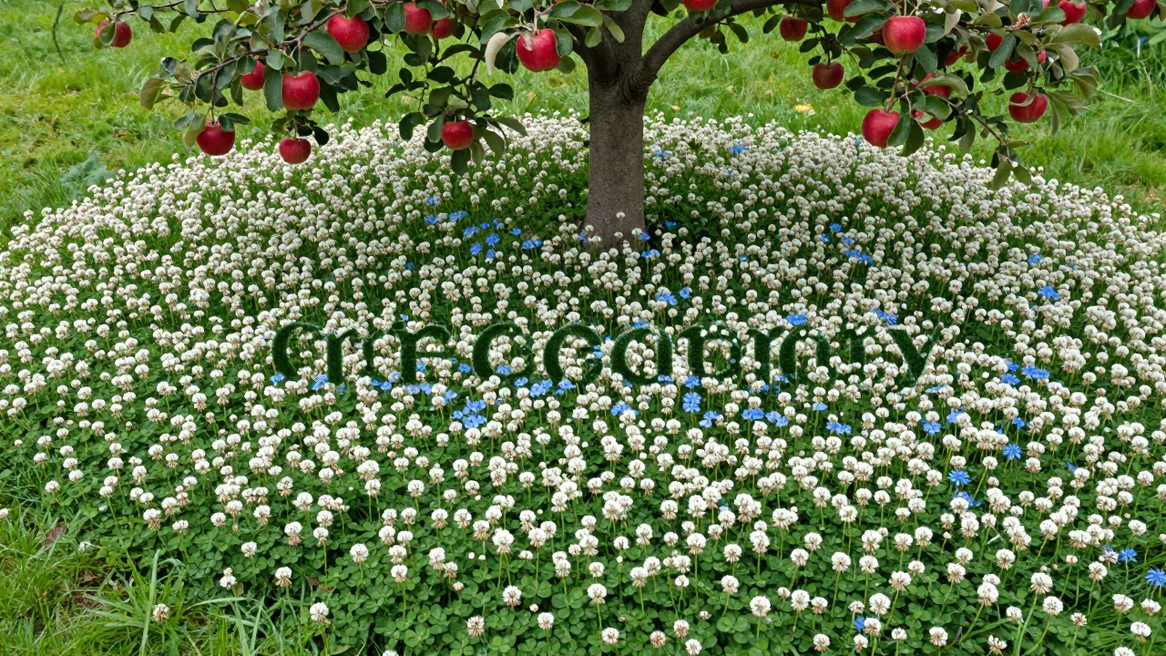 Ковер из белого клевера и голубой фацелии под плодовым деревом