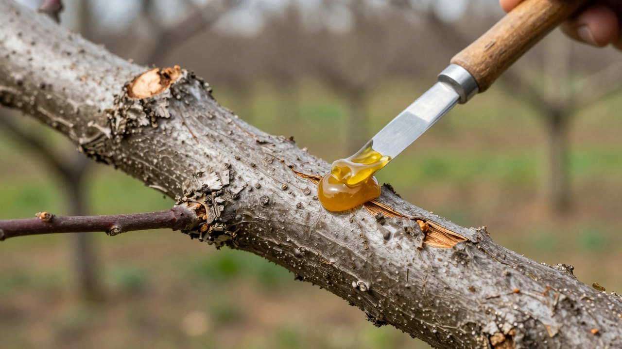 Нанесение садового вара на срез ветки для защиты дерева