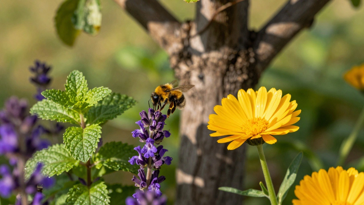 Пчела на цветке шалфея рядом с мятой и базиликом под яблоней