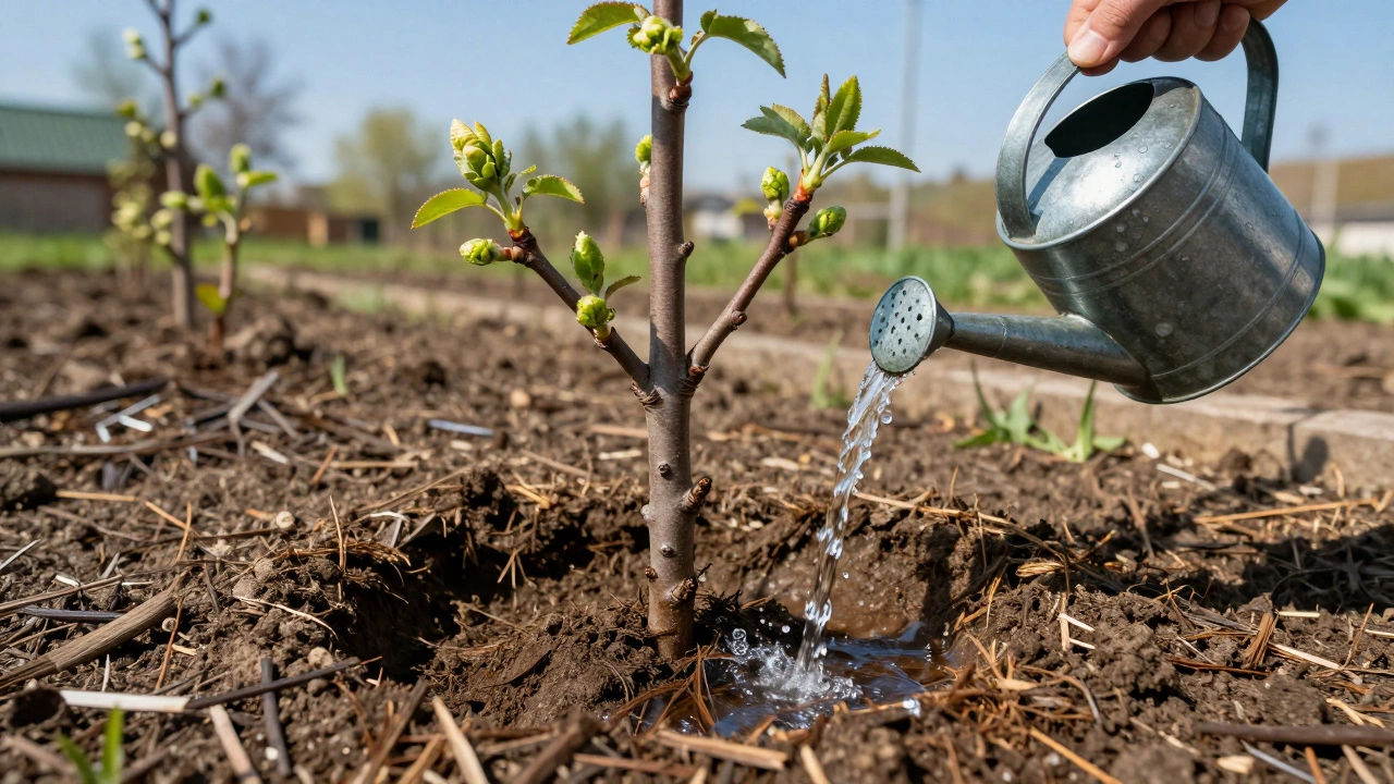 Полив молодого саженца через кольцевую канавку в весеннем саду