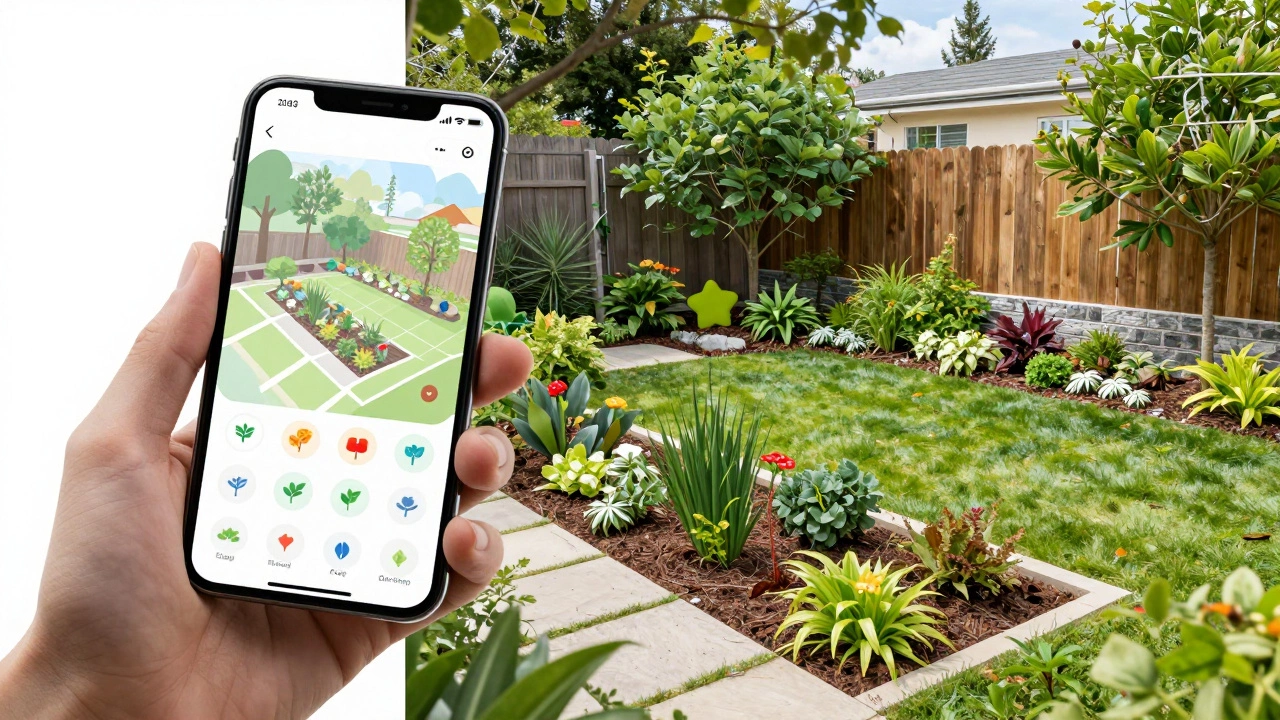 Процесс планирования сада в мобильном приложении с видом на реальный участок