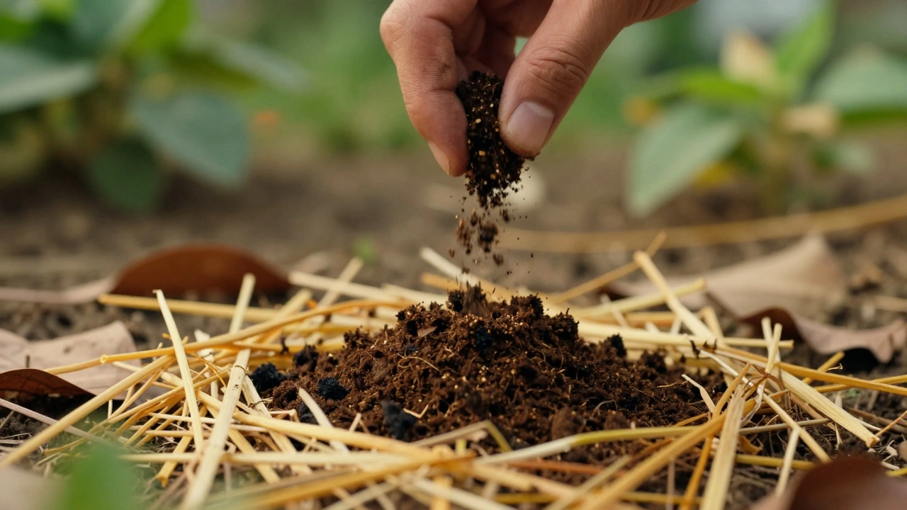 Процесс внесения компоста и мульчирования почвы вокруг растения
