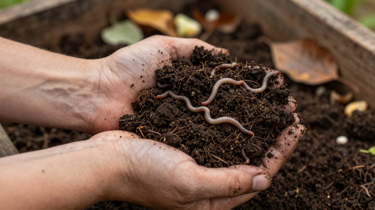 Руки держат плодородную темную почву с дождевыми червями