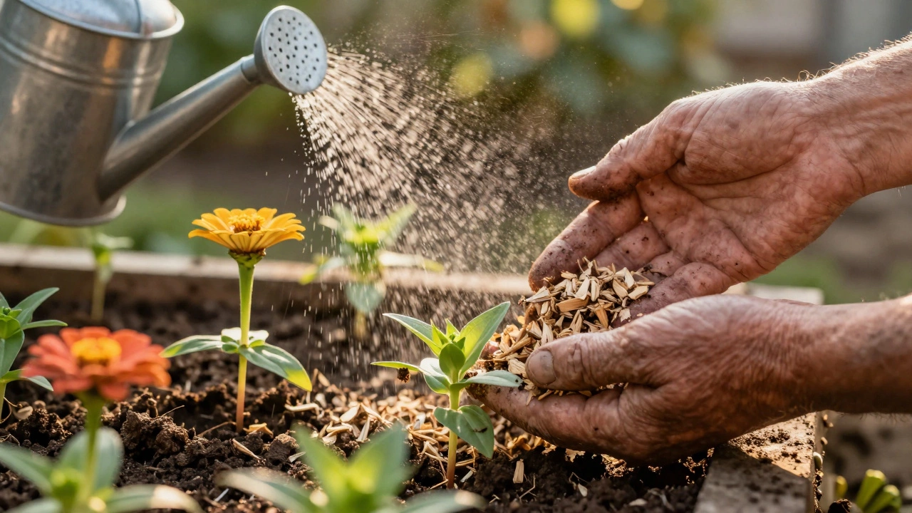 Руки садовода аккуратно наносят мульчу на грядку с молодыми цветами
