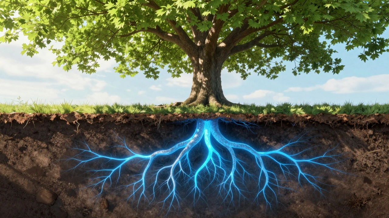 Схематичное изображение поглощения воды корнями взрослого дерева