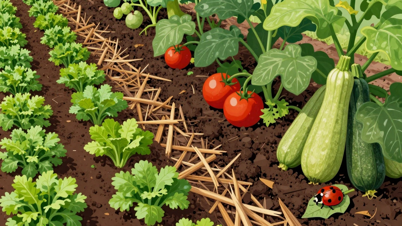 Сравнение традиционной грядки и органического сада с мульчей и божьей коровкой