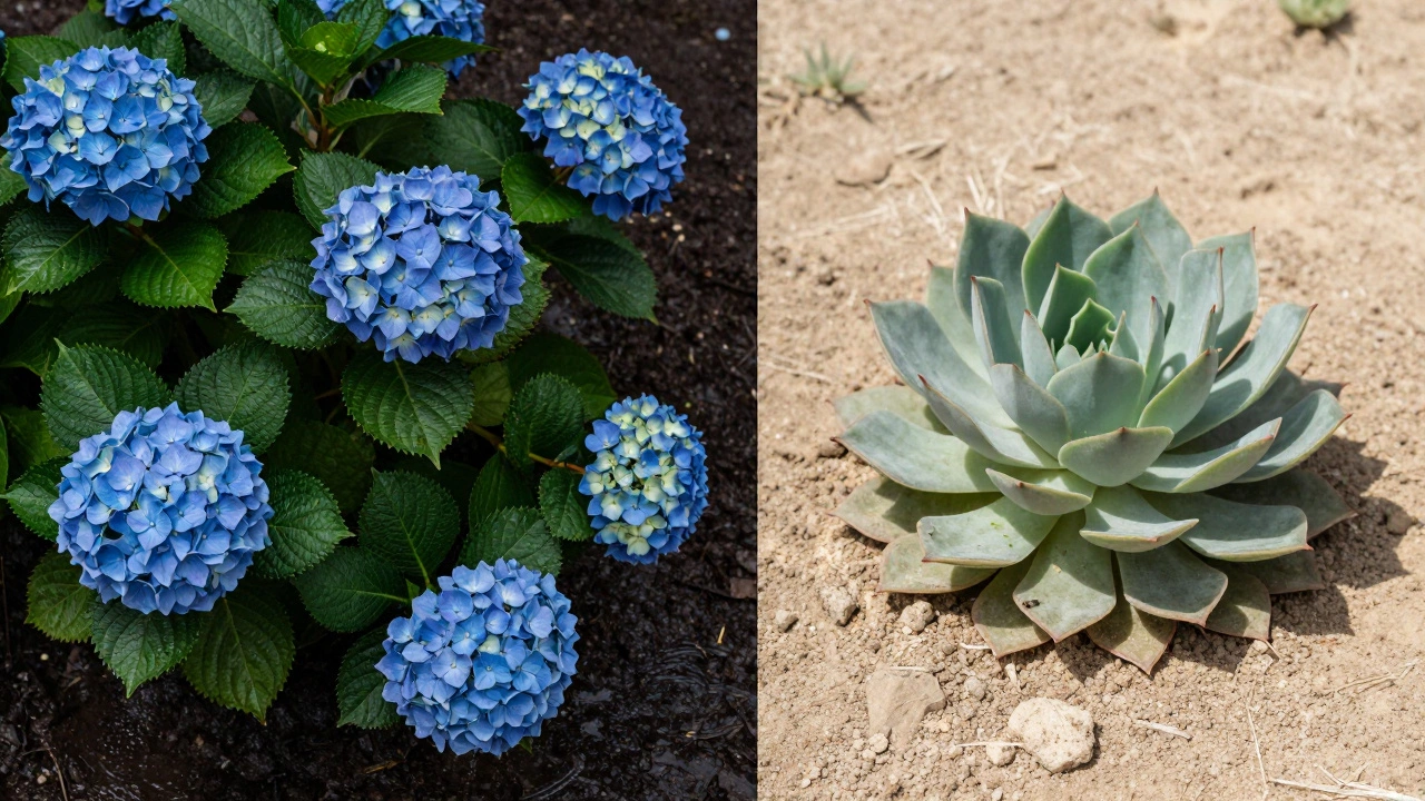 Сравнение влаголюбивой гортензии и засухоустойчивого очитка