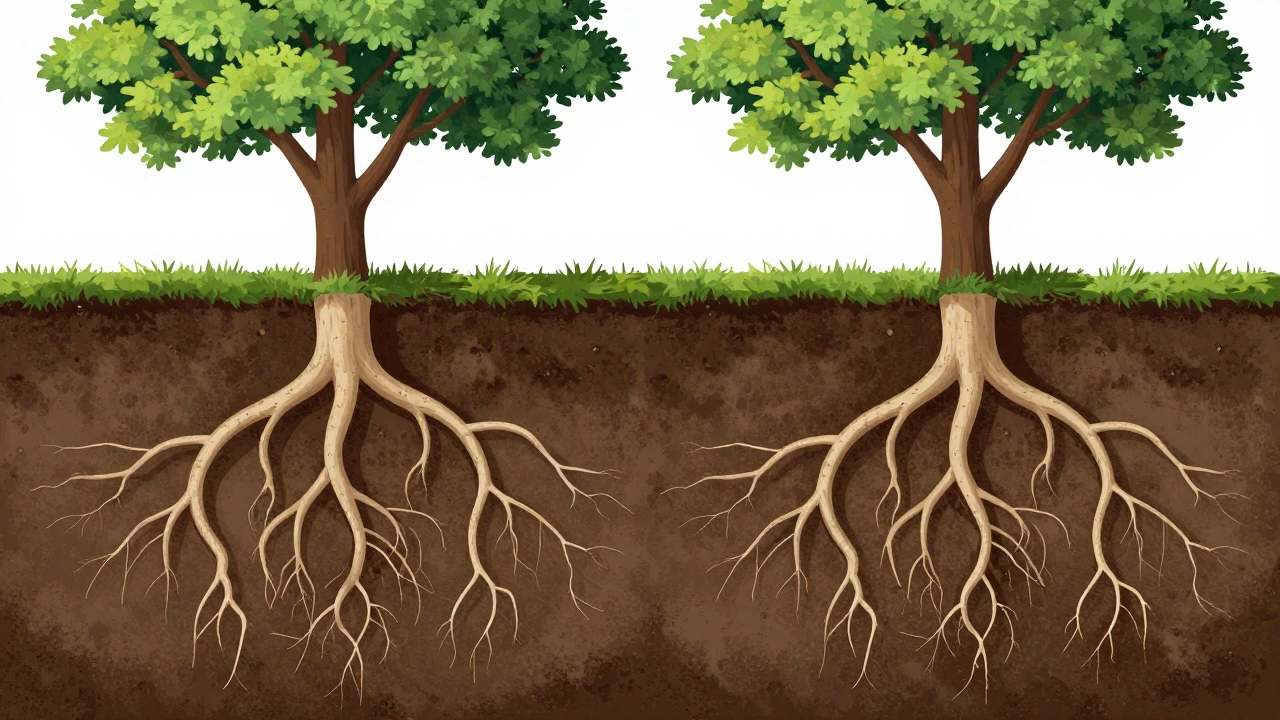 Cross-section view showing separated root systems of two fruit trees