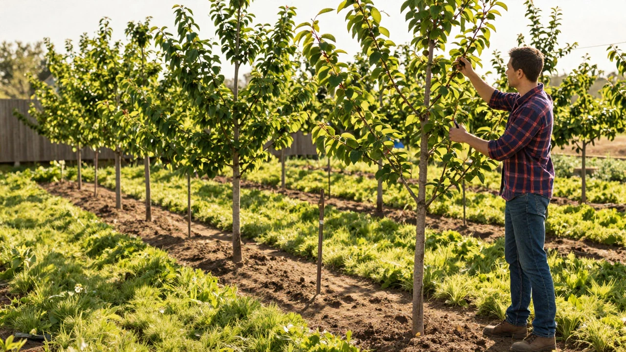 Gardener pruning well-spaced cherry trees near a wooden fence